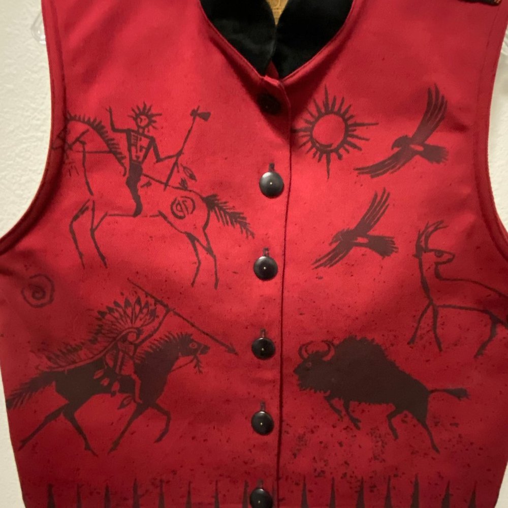 Double D Ranch Dark Red Beaded Vest with Pig Suede Horse and Buffalo Design Sz.